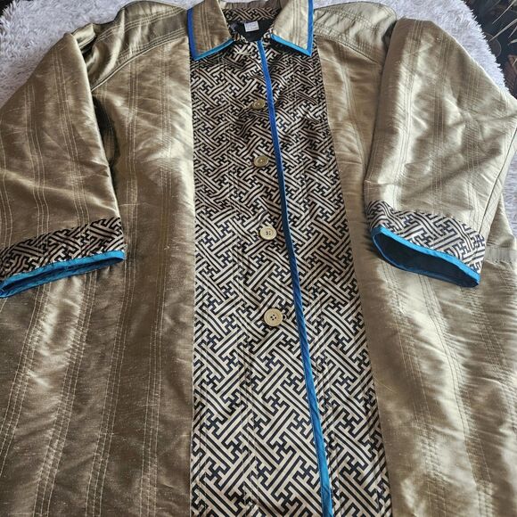 Koos 100% Silk Jacket Size 3X Gold Turquoise 3/4 Sleeve 80s 90s Funky Art Granny - Picture 3 of 15